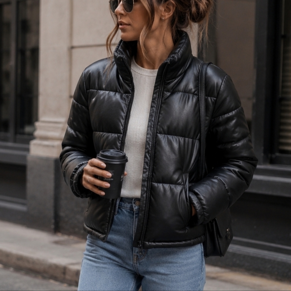 Cleo Black Faux Leather Puffer Jacket Size Medium Quilted Winter Coat